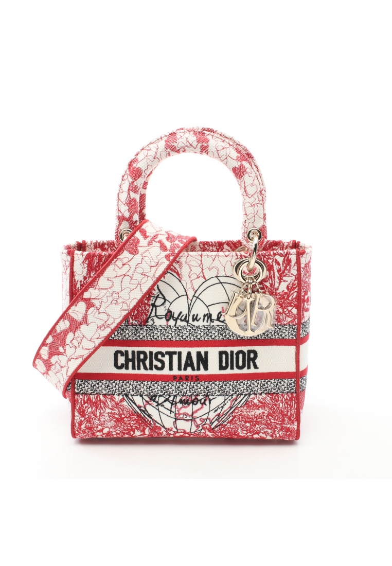 二奢 Pre-loved Christian Dior Lady D-Lite Medium Royaume d'Amour Lady D light Medium Handbag canvas white Red 2WAY