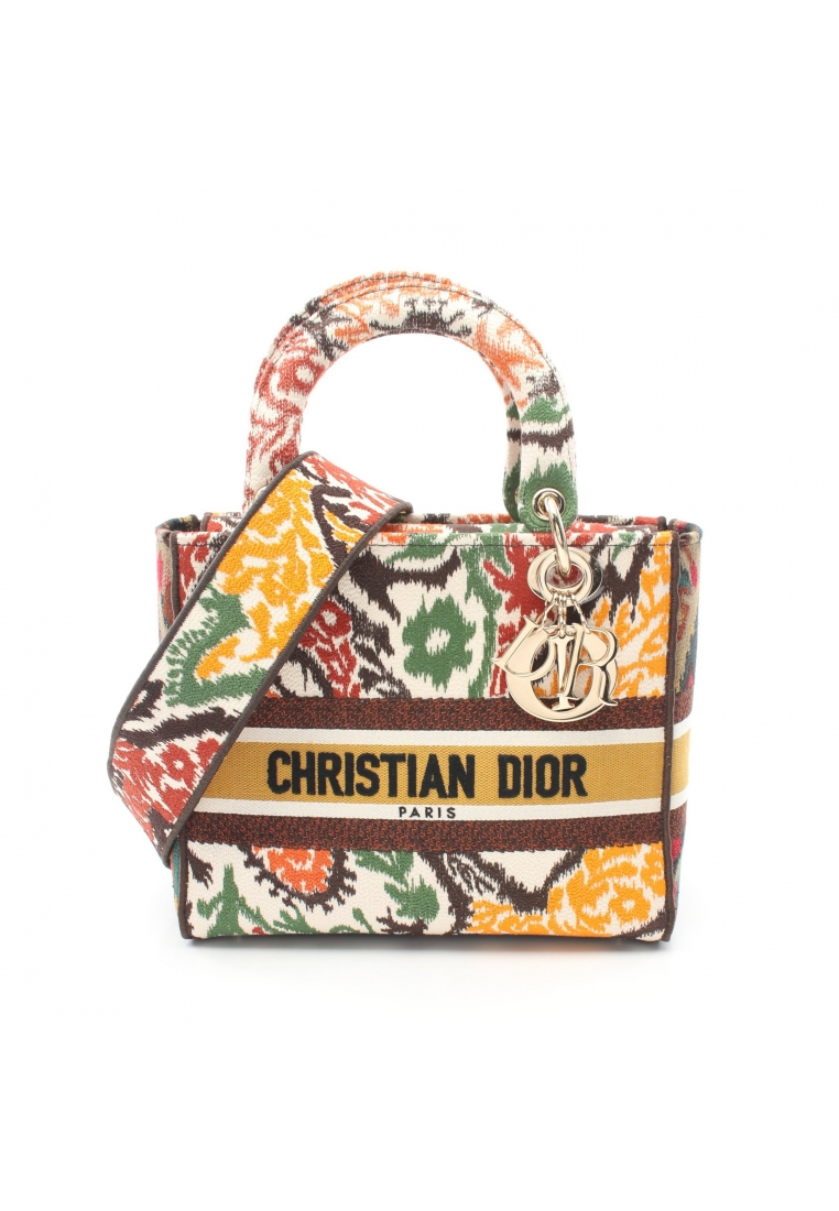 二奢 Pre-loved Christian Dior Lady D-Lite Medium Lady D light Medium Handbag embroidery canvas ivory Brown multicolor 2WAY