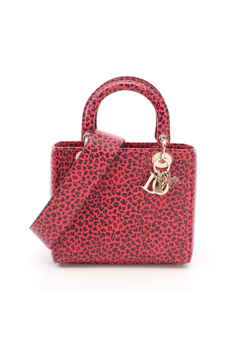 二奢 Pre-loved Christian Dior lady dior Handbag leopard leather Pink red black 2WAY