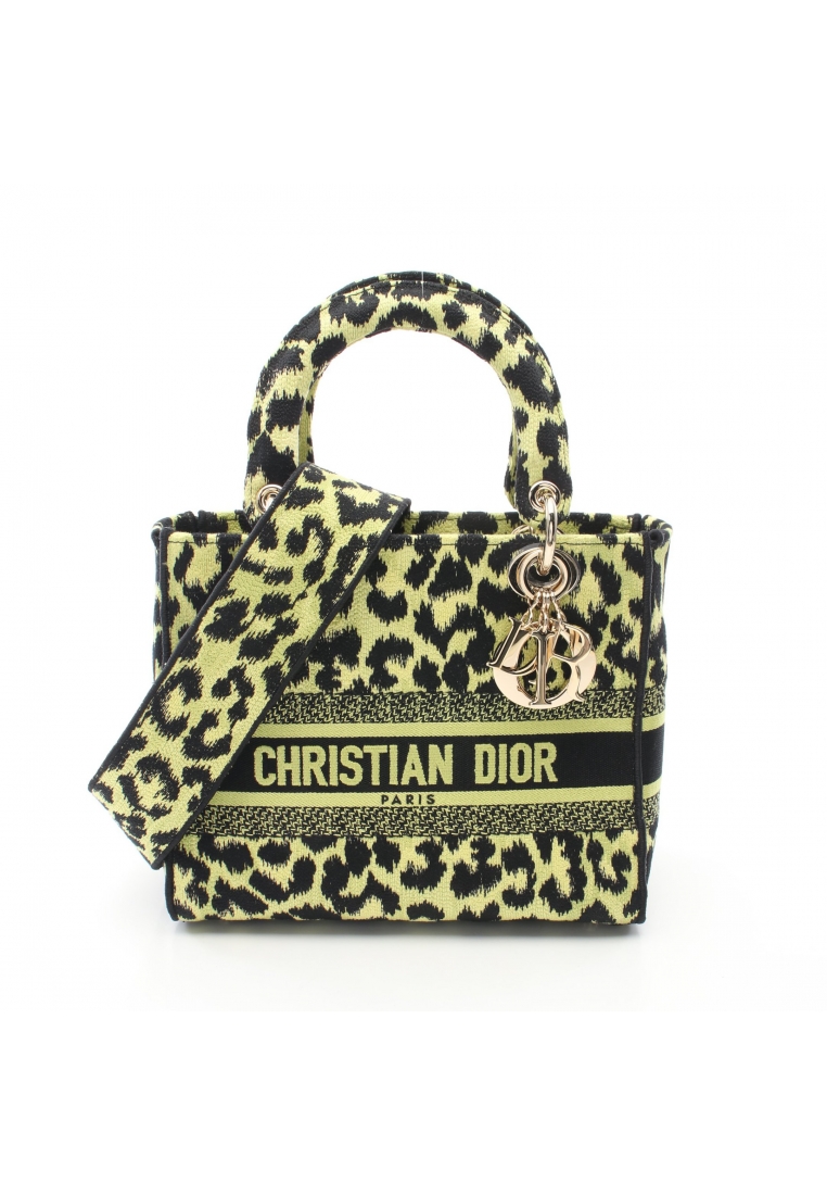 二奢 Pre-loved Christian Dior Lady D-Lite Medium Lady D light Medium Handbag leopard canvas yellow-green black Neon color 2WAY