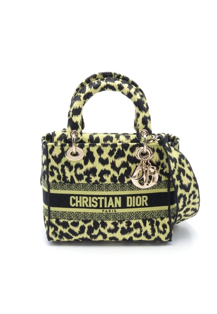 二奢 Pre-loved Christian Dior LADY D-LITE Lady Delight Medium Handbag tote bag leopard canvas yellow-green black 2WAY