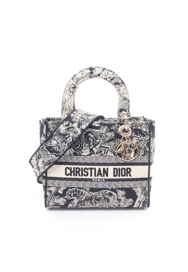 二奢 Pre-loved Christian Dior Lady D-Lite medium bag embroidery Handbag canvas ivory Navy 2WAY