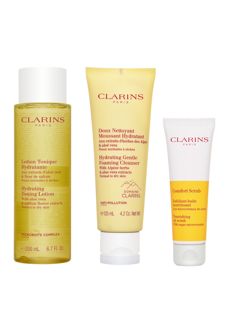 Clarins 3件套裝 植萃溫和潔面泡沫(中性至乾性肌適用) 125ml + 野芒果滋養去角質霜 50ml + 蘆薈爽膚水 200ml