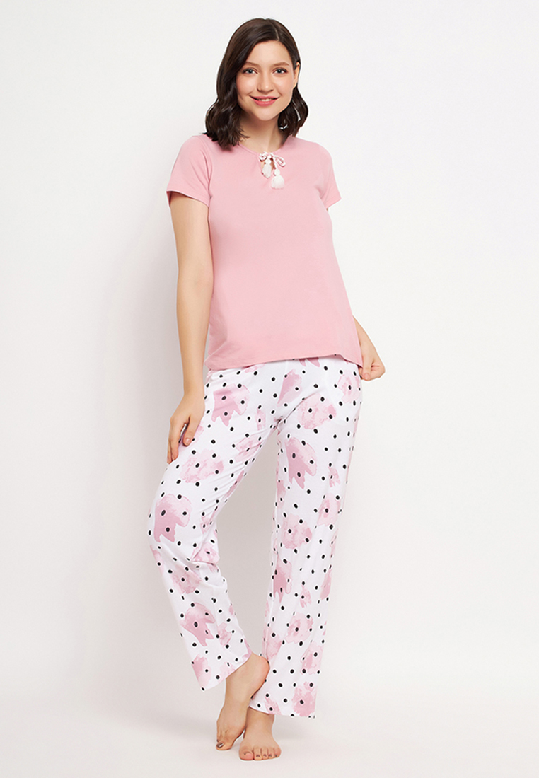 Clovia Chic Basic Top in Baby Pink & Print Me Pretty Pyjama in White - 100% Cotton