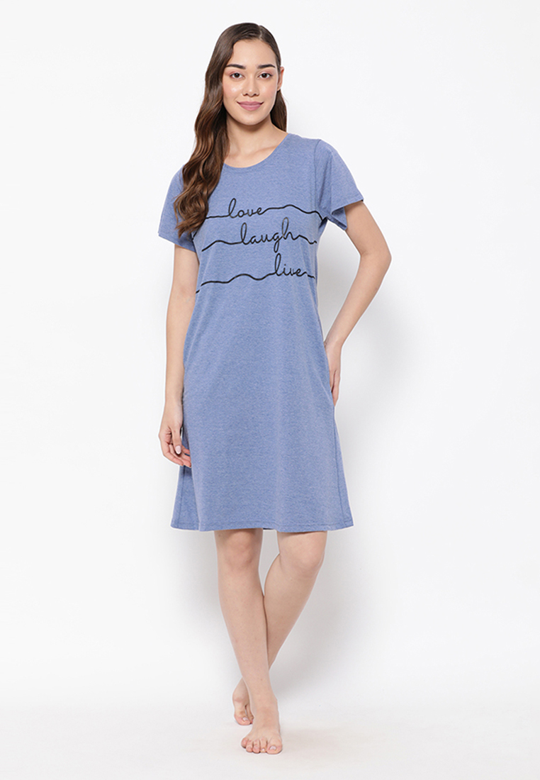 Clovia Text Print Short Night Dress in Cornflower Blue - 100% Cotton