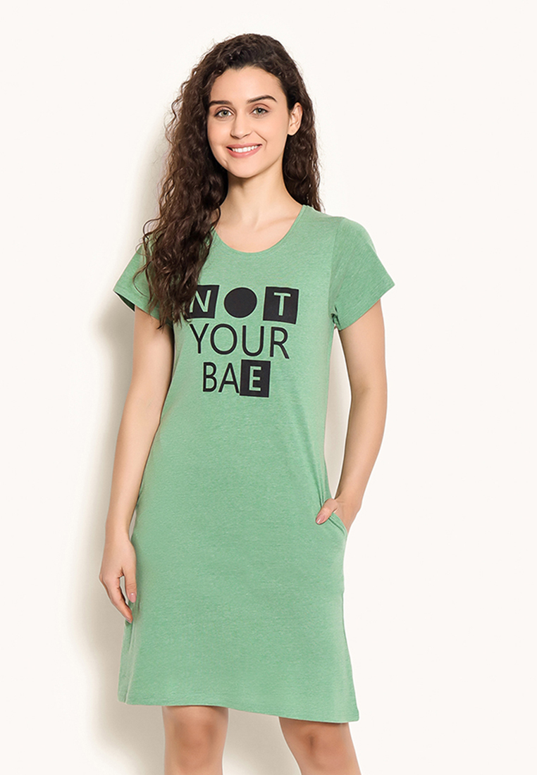 Clovia Text Print Short Night Dress in Sage Green - 100% Cotton