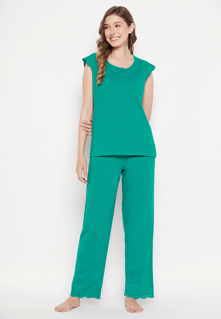 Clovia Chic Basic Top & Pyjama Set in Teal Green - 100% Cotton