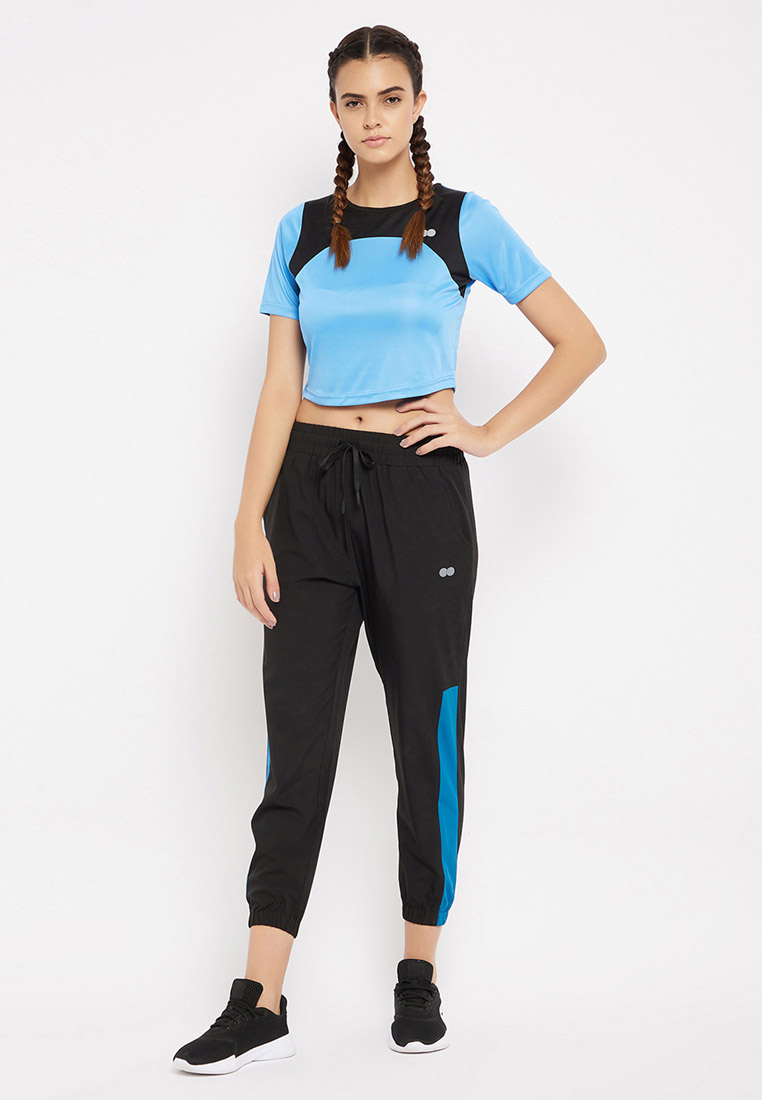 Clovia Comfort-Fit Active Cropped T-shirt in Light Blue with Yoke Panel