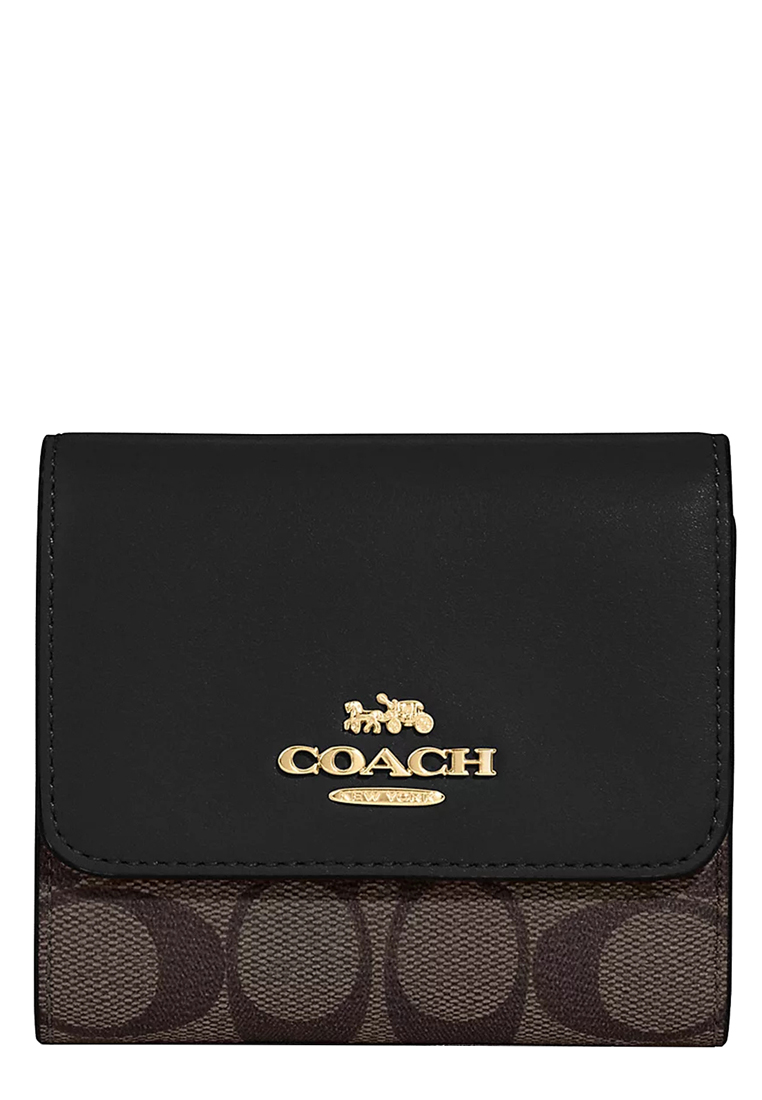 Coach Small Trifold Wallet In Blocked Signature Canvas In Brown/ Black CE930