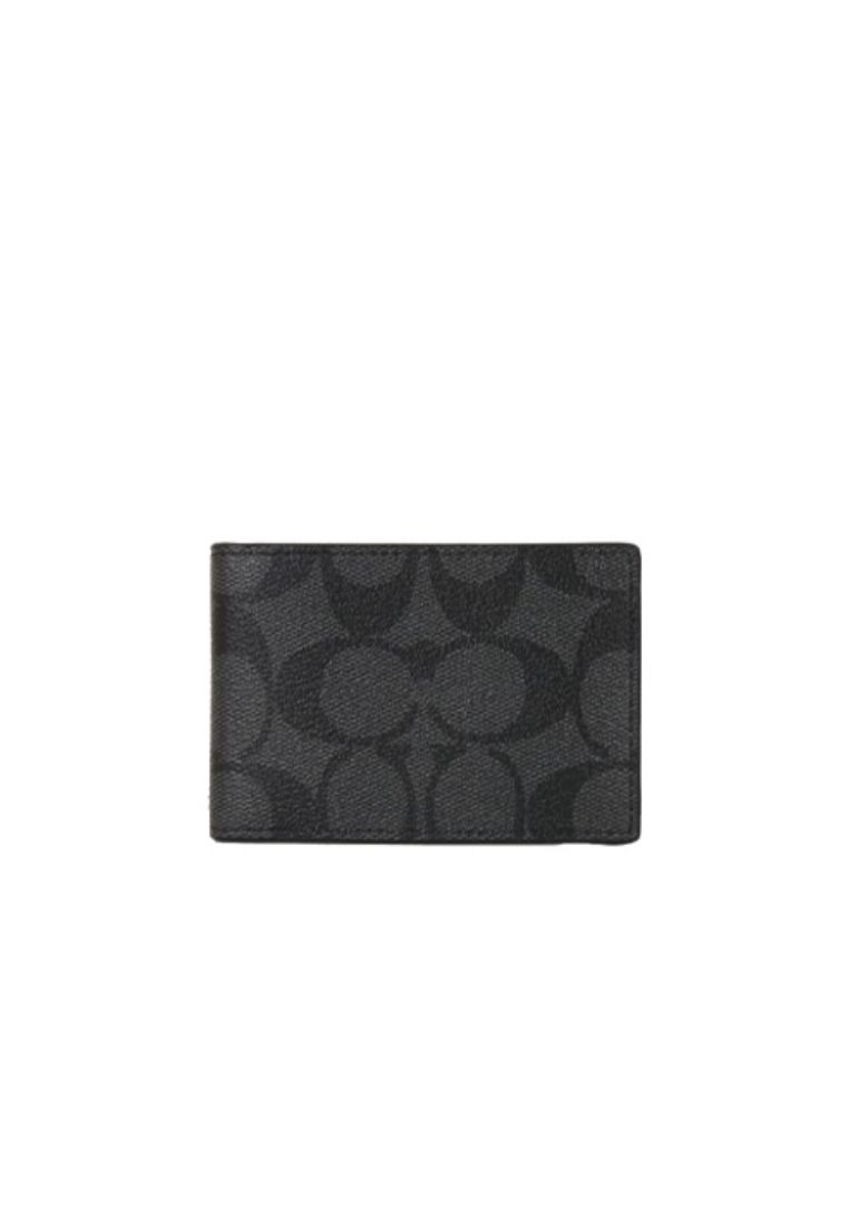 COACH Coach Compact Billfold Wallet Signature Canvas In Charcoal Black CM166