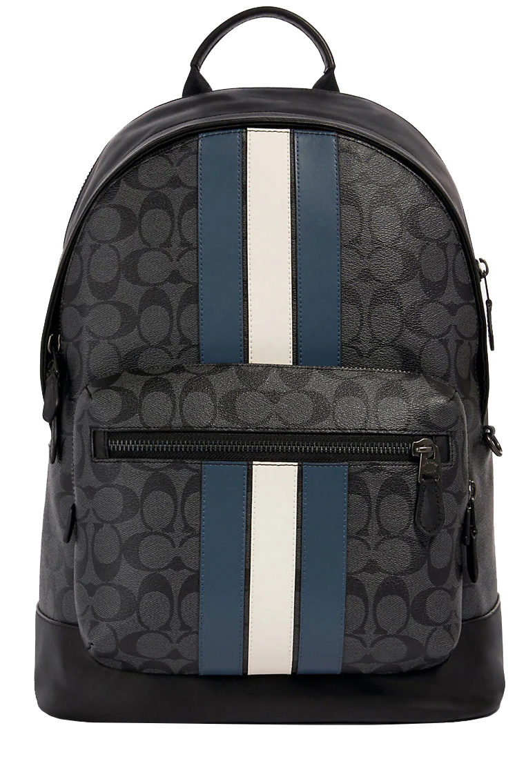 Coach West Backpack Bag In Signature Canvas With Varsity Stripe in Charcoal/ Denim/ Chalk 3001