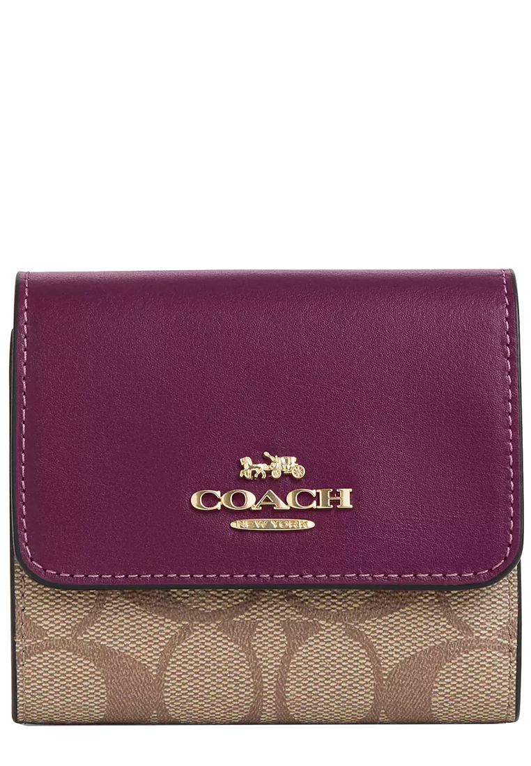 Coach Small Trifold Wallet In Blocked Signature Canvas In Khaki/ Deep Berry CE930