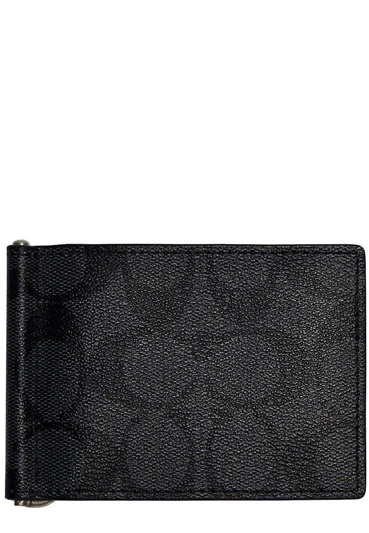 COACH Coach Slim Money Clip Billfold Wallet In Signature Canvas in Charcoal/ Black CH086