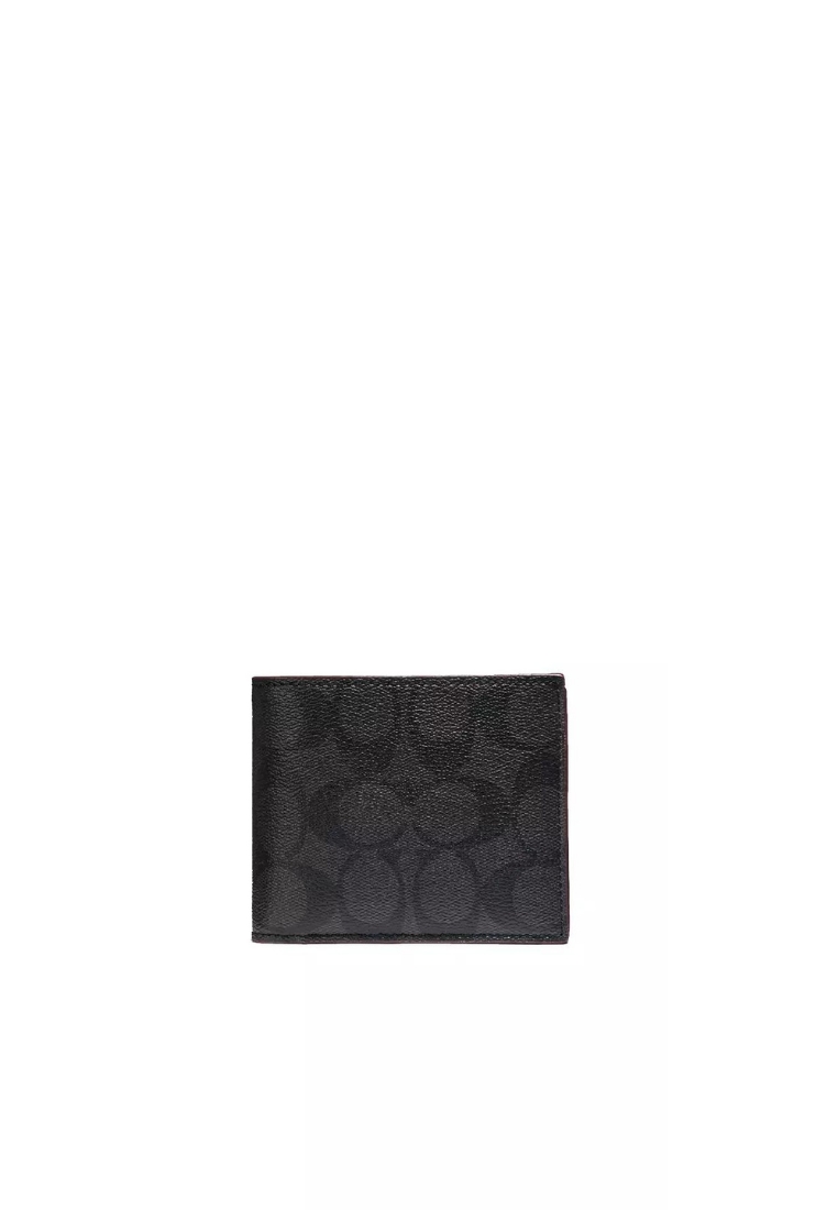 COACH Coach Compact ID Wallet Signature PVC In Black Oxblood 25519