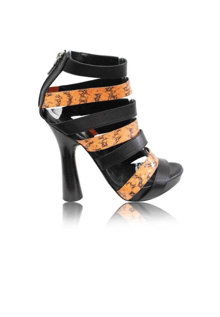 Contemporary Designer Pre-Loved CONTEMPORARY DESIGNER Black Lather Sandals With Orange Patent Python Strapes