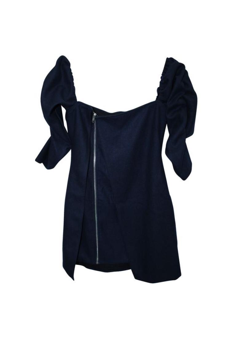Contemporary Designer 海軍藍色露肩連衣裙，前拉鍊