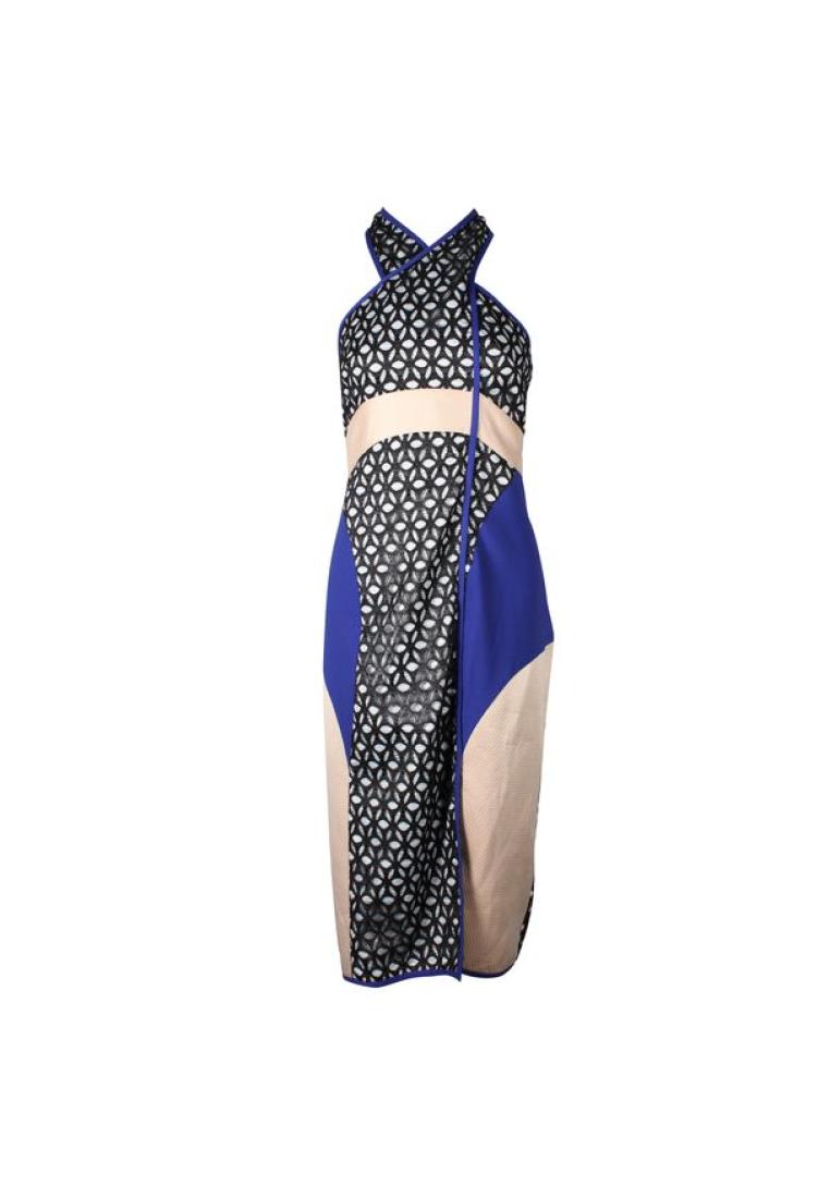 Contemporary Designer 藍色，黑色和奶油吊帶脖子連衣裙