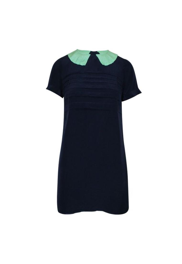 Contemporary Designer 海軍藍色絲綢迷你連衣裙與綠領