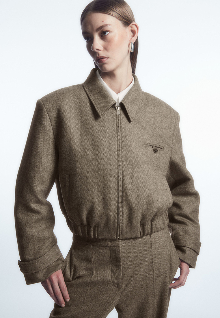 COS Power-Shoulder Wool-Herringbone Jacket