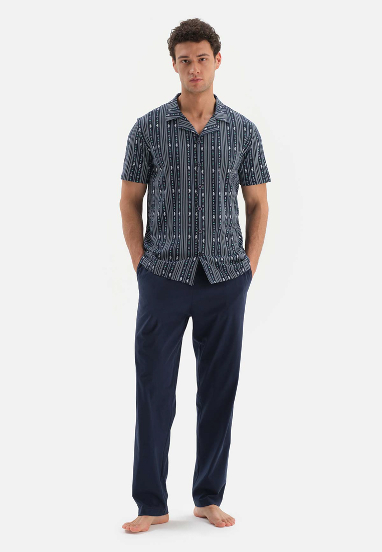 DAGİ Navy Shirt & Trousers Knitwear Set, Striped, Shirt Collar, Regular, Long Leg, Short Sleeve Sleepwear for Men