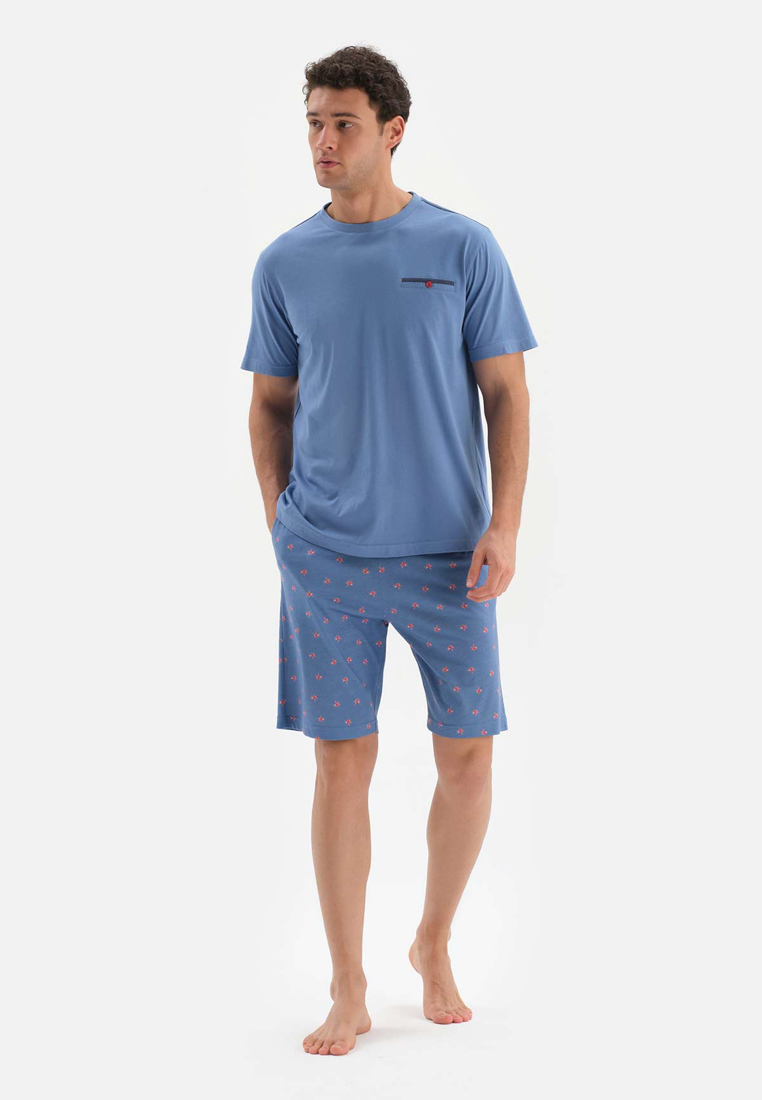 DAGİ Blue T-Shirt & Shorts Knitwear Set, Crew Neck, Regular, Short Leg, Short Sleeve Sleepwear for Men
