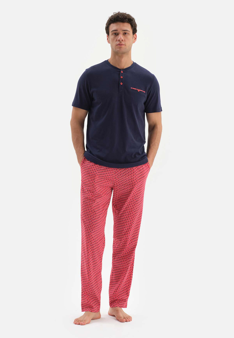 DAGİ Navy T-Shirt & Trousers Knitwear Set, Crew Neck, Regular, Long Leg, Short Sleeve Sleepwear for Men