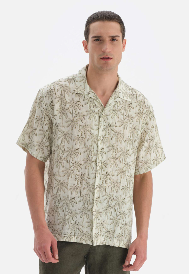 DAGİ Beige Shirt, Palm Tree Printed, Shirt Collar, Short Sleeve Beachwear for Men