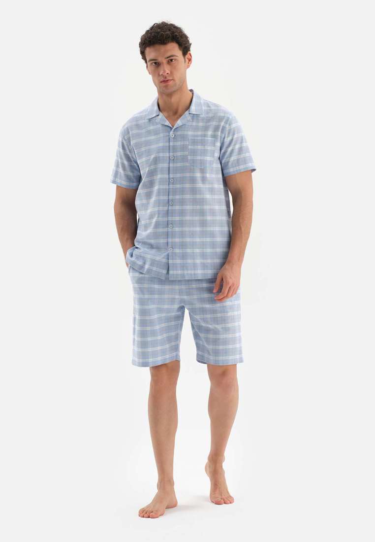 DAGİ Light Blue Shirt & Shorts Woven Set, Plaid Printed, Shirt Collar, Regular, Short Leg, Short Sleeve Sleepwear for Men