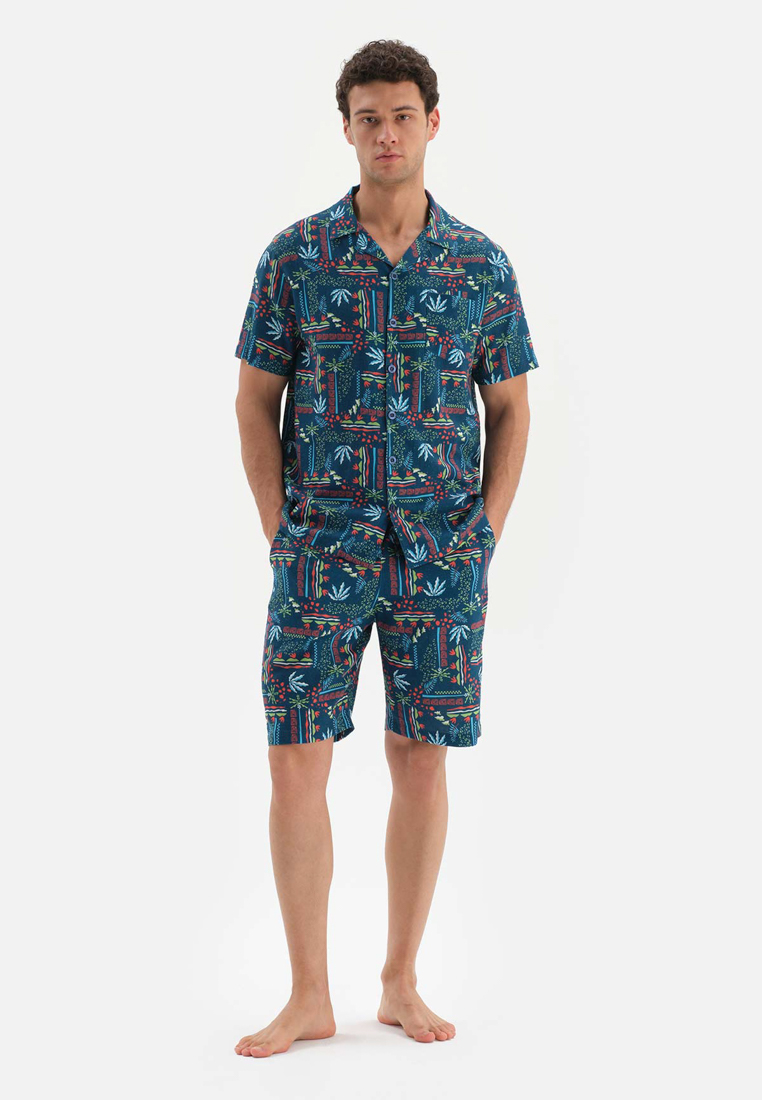 DAGİ Navy Shirt & Shorts Woven Set, Tropic Printed, Shirt Collar, Regular, Short Leg, Short Sleeve Sleepwear for Men