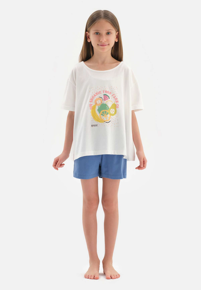 DAGİ White T-Shirt & Shorts Set, Fruit Printed, Crew Neck, Oversize, Short Leg, Short Sleeve Sleepwear for Girls