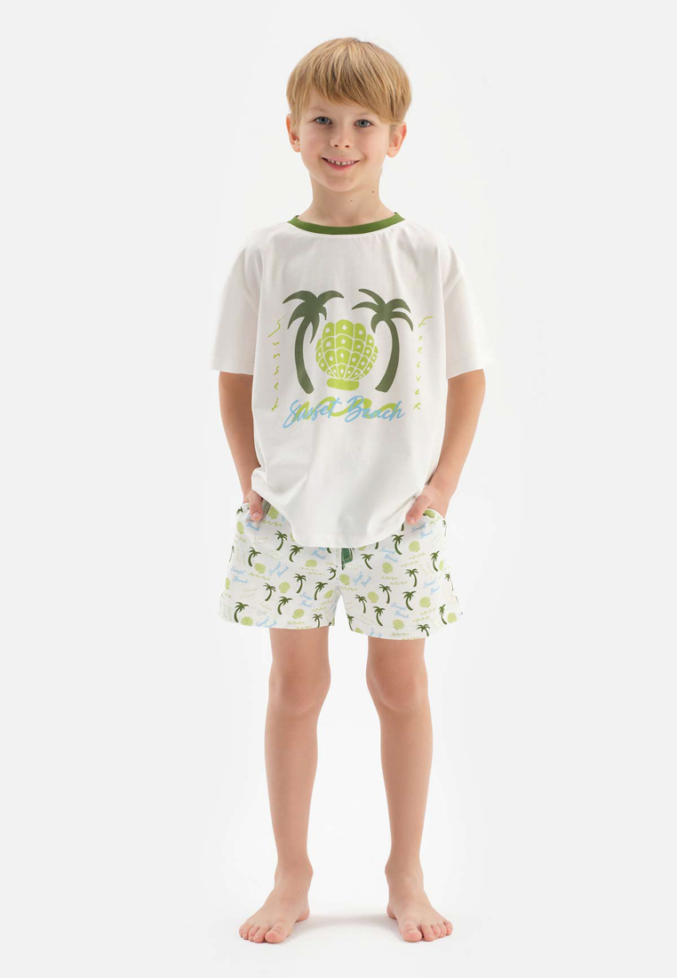 DAGİ White T-Shirt & Shorts Set, Palm Tree Printed, Crew Neck, Regular, Short Leg, Short Sleeve Sleepwear for Boys