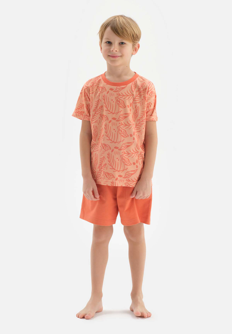 DAGİ Orange T-Shirt & Shorts Set, Leaf Printed, Crew Neck, Regular, Short Leg, Short Sleeve Sleepwear for Boys
