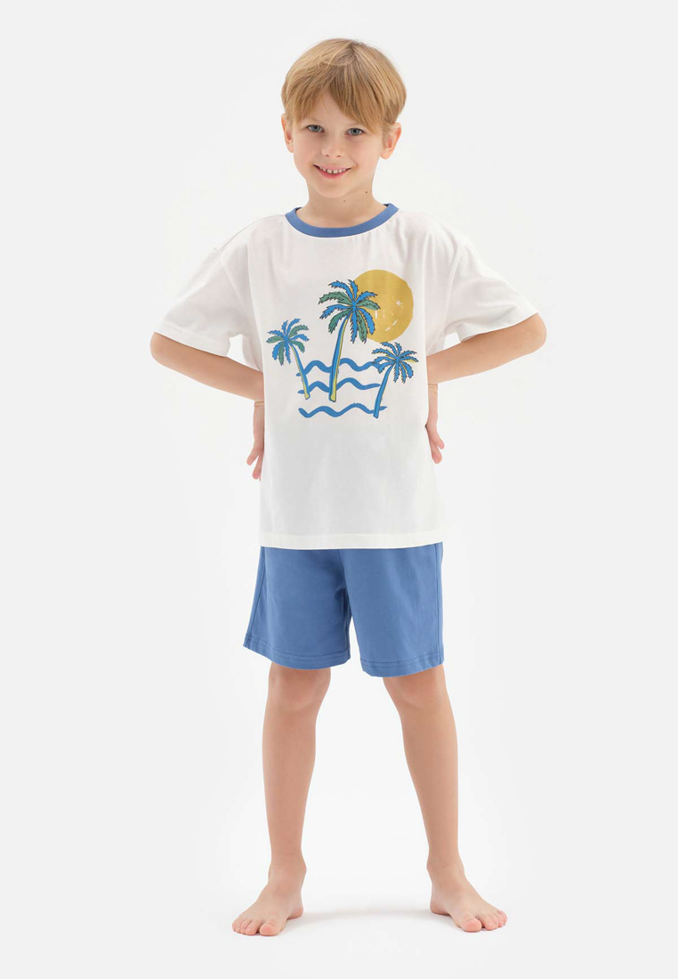 DAGİ White T-Shirt & Shorts Set, Palm Tree Printed, Crew Neck, Oversize, Short Leg, Short Sleeve Sleepwear for Boys