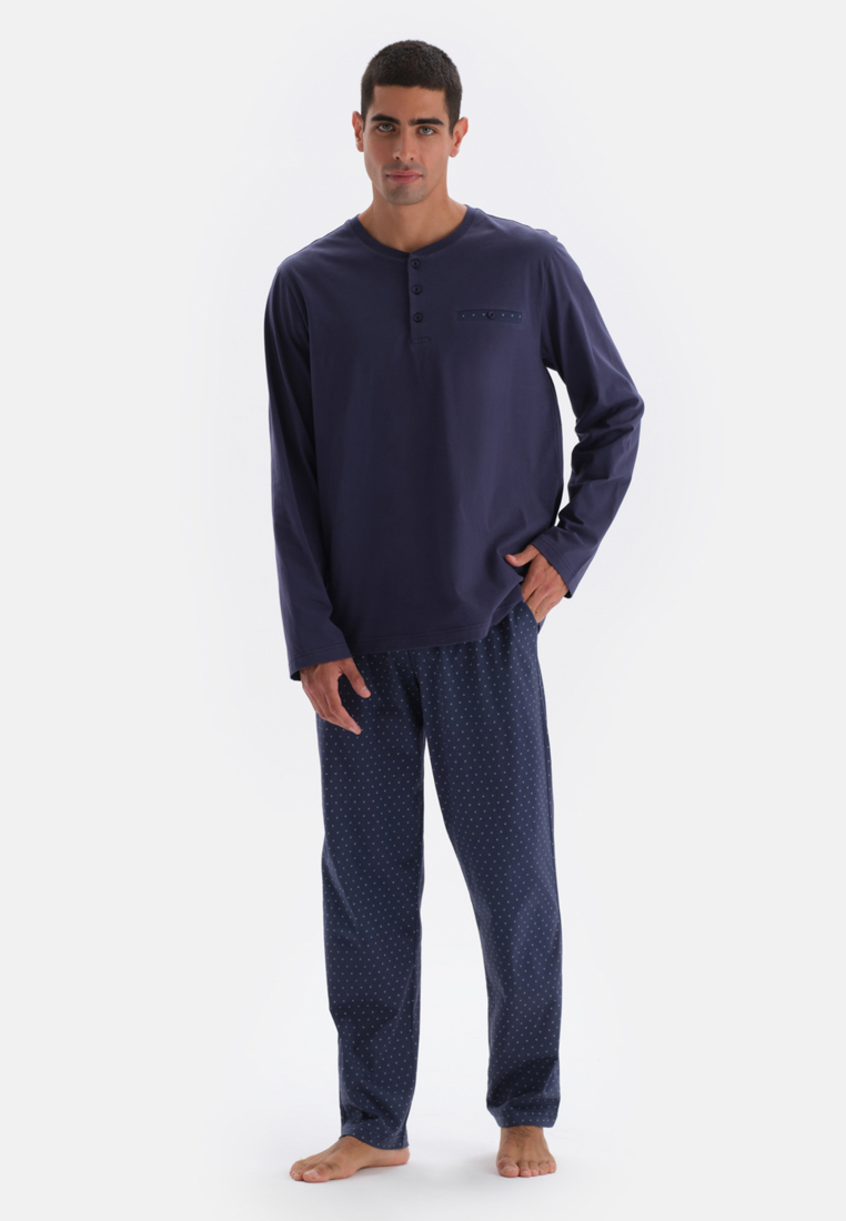 DAGİ Navy T-Shirt & Trousers Knitwear Set, Crew Neck, Regular Fit, Long Leg, Long Sleeve Sleepwear for Men