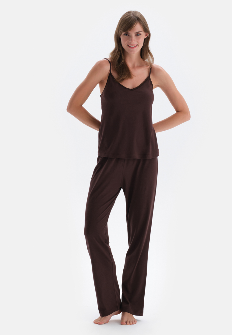 DAGİ Dark Brown Tanktop & Trousers Knitwear Set, V-Neck, Regular Fit, Long Leg, Strappy Sleepwear for Women