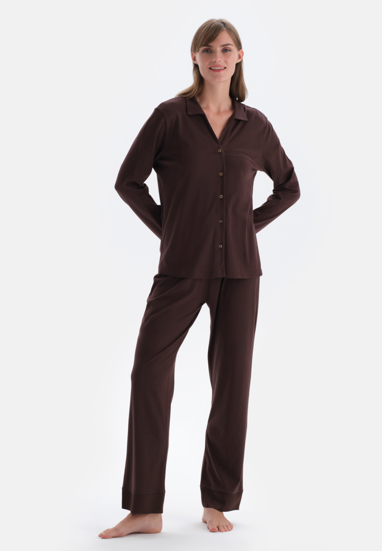 DAGİ Dark Brown Shirt & Trousers Knitwear Set, Shirt Collar, Regular Fit, Long Leg, Long Sleeve Sleepwear for Women