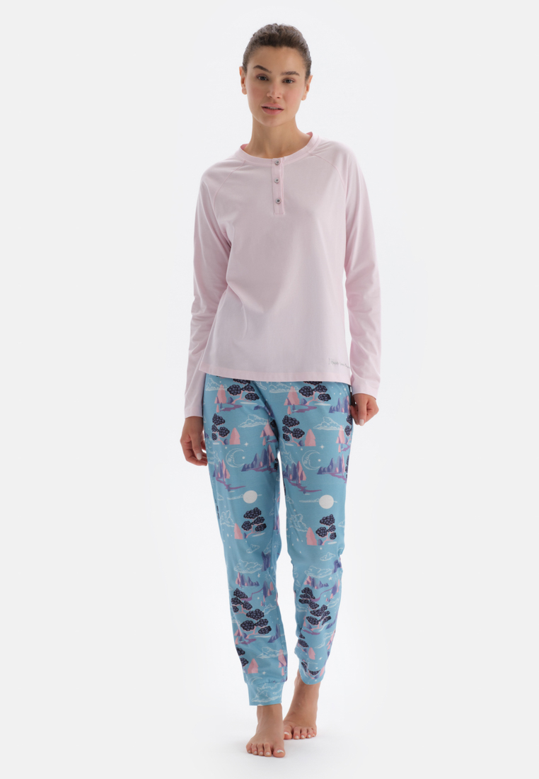 DAGİ Light Pink T-Shirt & Trousers Knitwear Set, Crew Neck, Regular Fit, Long Leg, Long Sleeve Sleepwear for Women