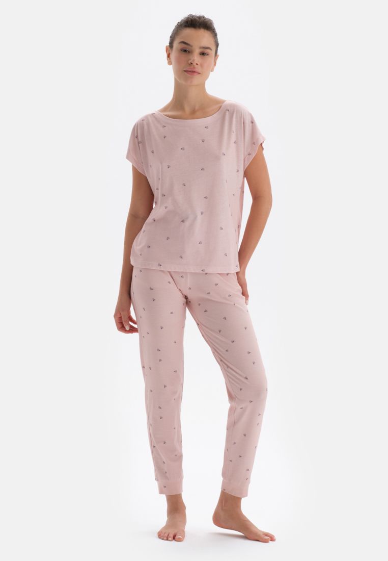 DAGİ Light Pink T-Shirt & Trousers Knitwear Set, Floral Printed, Boat Neck, Oversize, Long Leg, Short Sleeve Sleepwear for Women