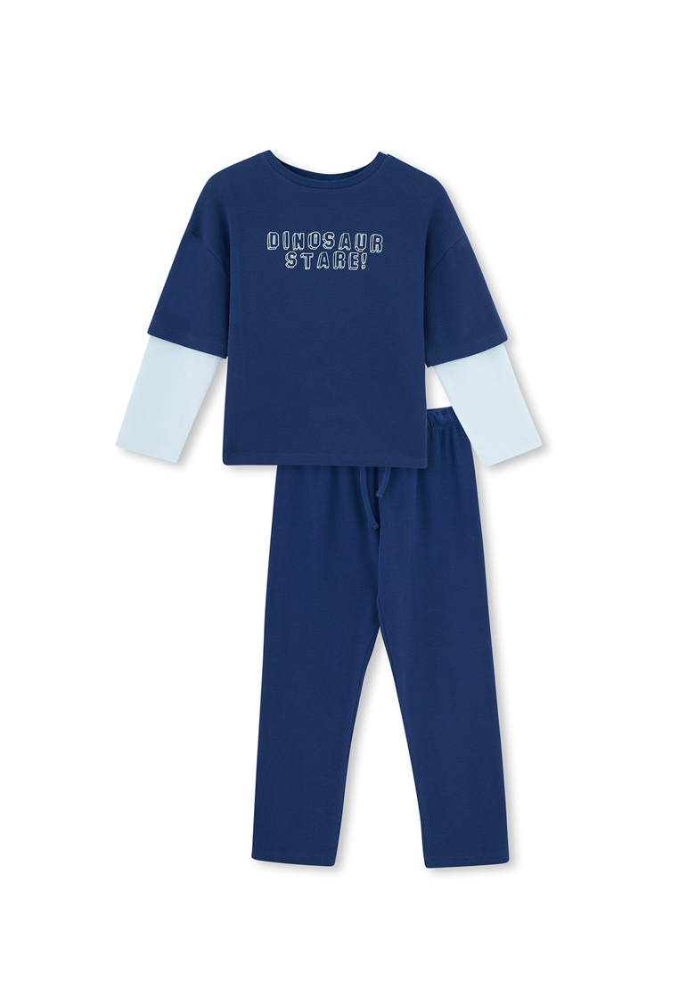 DAGİ Navy T-Shirt & Trousers Set, Slogan Printed, Crew Neck, Regular Fit, Long Leg, Long Sleeve Sleepwear for Boys