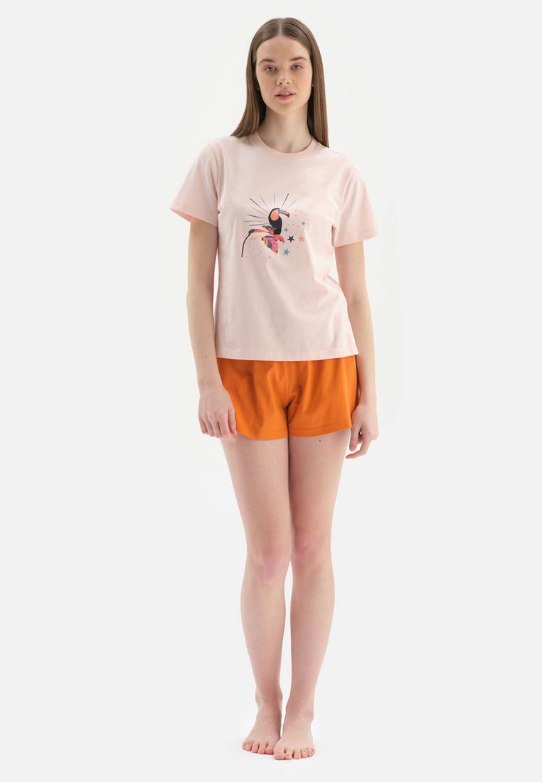 DAGİ Light Pink T-Shirt & Shorts Knitwear Set, Tropic Printed, Crew Neck, Regular, Short Leg, Short Sleeve Sleepwear for Women