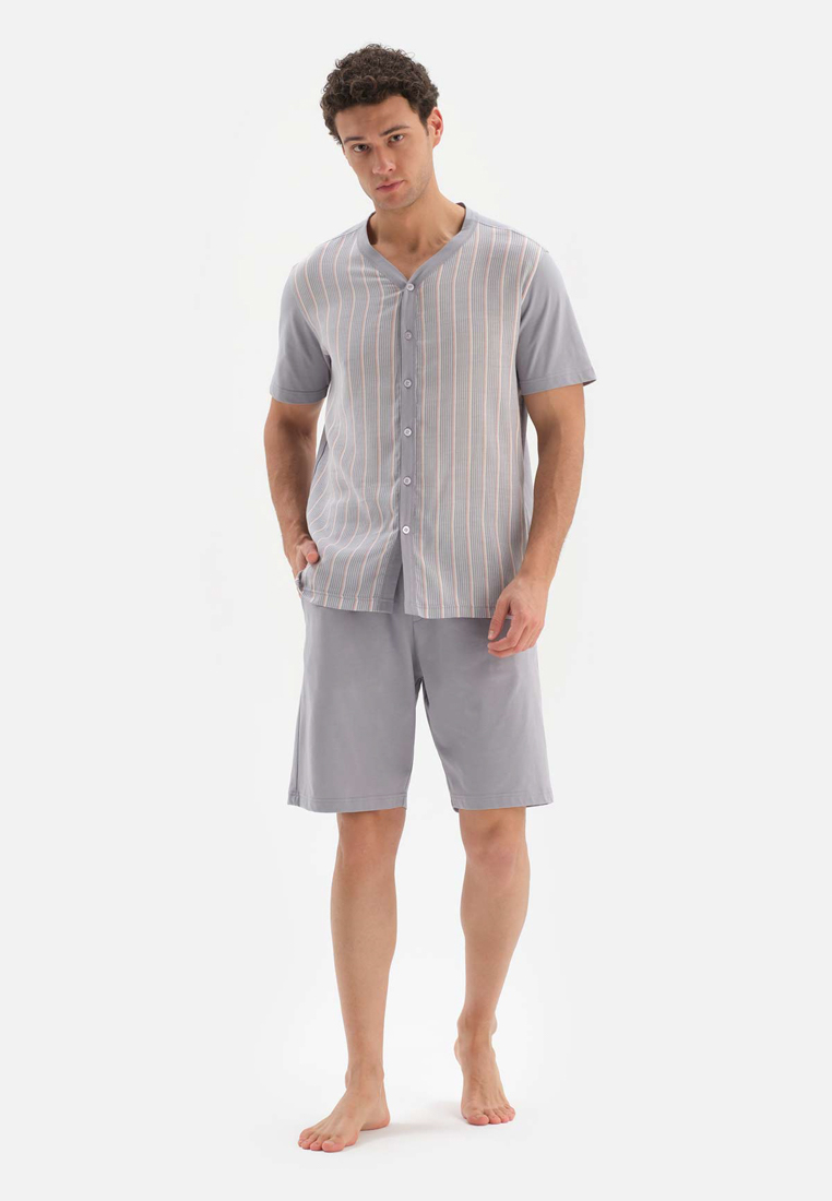 DAGİ Grey Shirt & Shorts Woven Set, Striped, V-Neck, Regular, Short Leg, Short Sleeve Sleepwear for Men