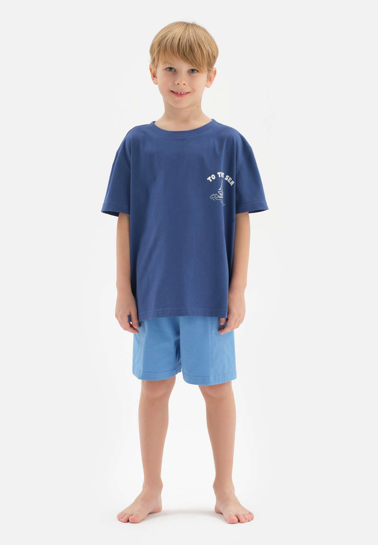 DAGİ Blue T-Shirt & Shorts Set, Slogan Printed, Crew Neck, Oversize, Short Leg, Short Sleeve Sleepwear for Boys