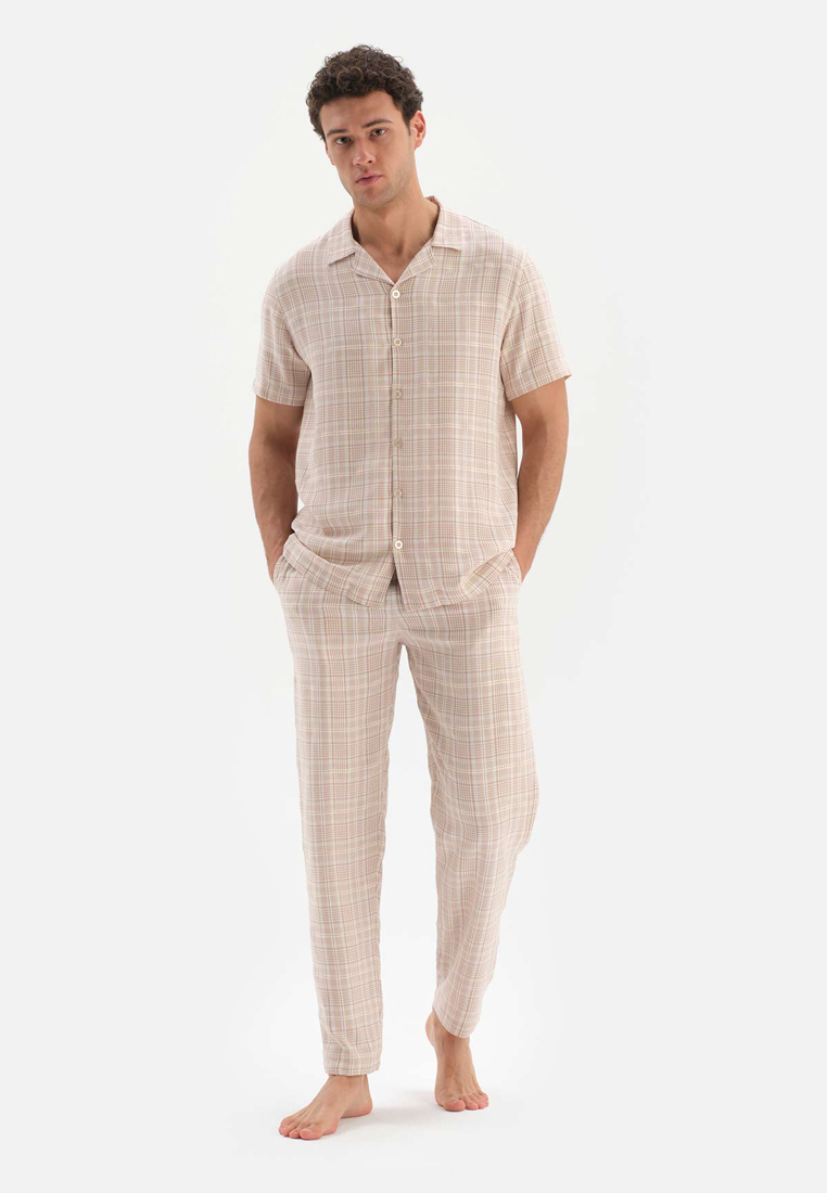 DAGİ Beige Shirt & Trousers Woven Set, Plaid Printed, Shirt Collar, Regular, Long Leg, Short Sleeve Sleepwear for Men