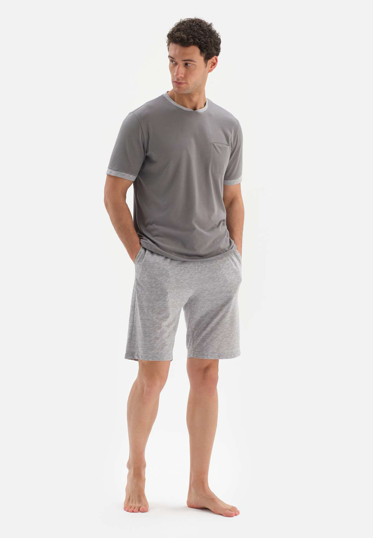 DAGİ Grey T-Shirt & Shorts Knitwear Set, Crew Neck, Regular Fit, Short Leg, Short Sleeve Sleepwear for Men