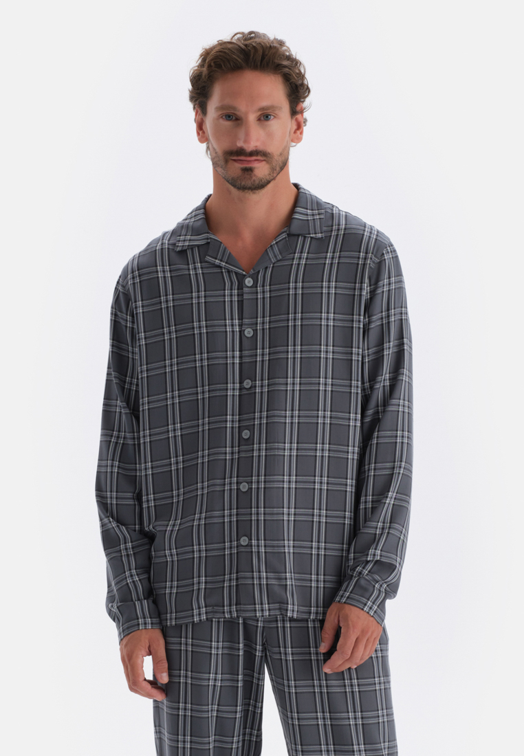 DAGİ Smoke Shirt, Plaid Printed, Shirt Collar, Regular Fit, Long Sleeve Sleepwear for Men