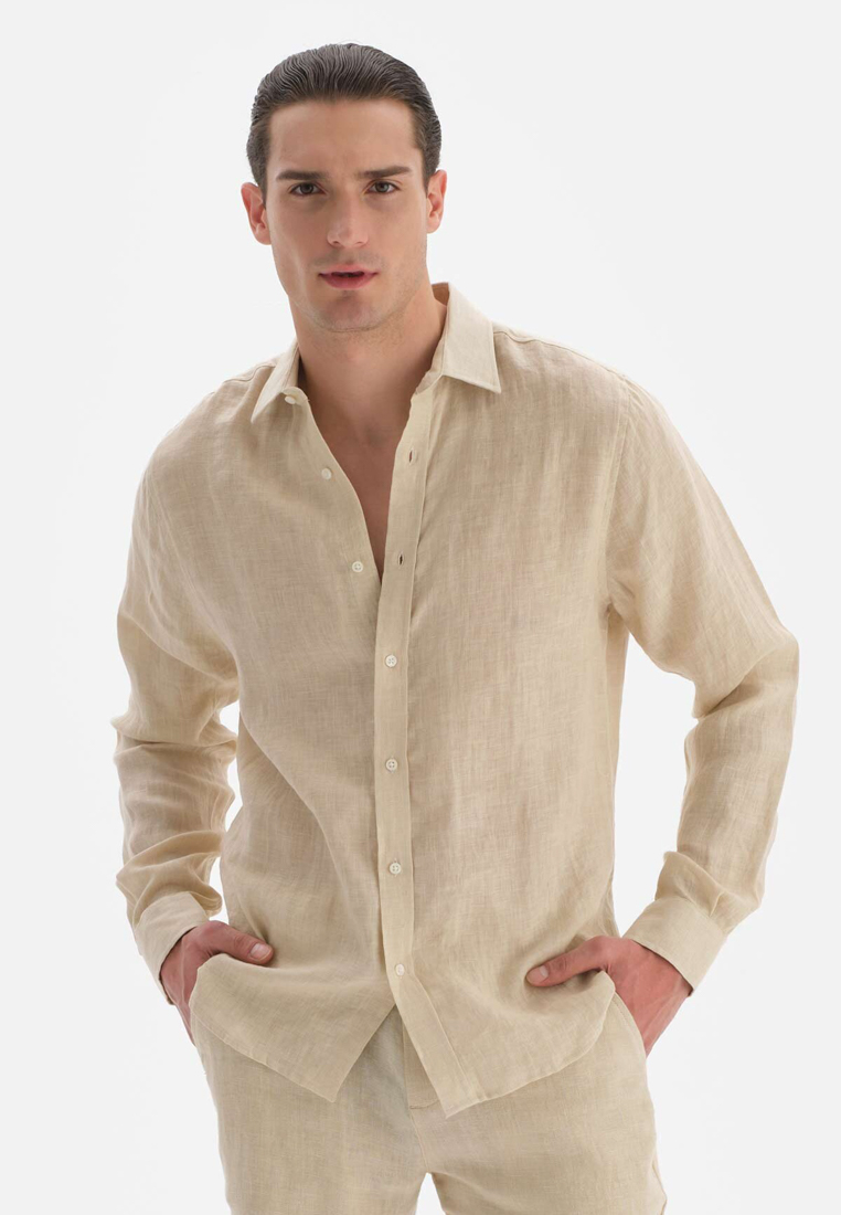 DAGİ Beige Shirts, Shirt Collar, Long Sleeve Beachwear for Men