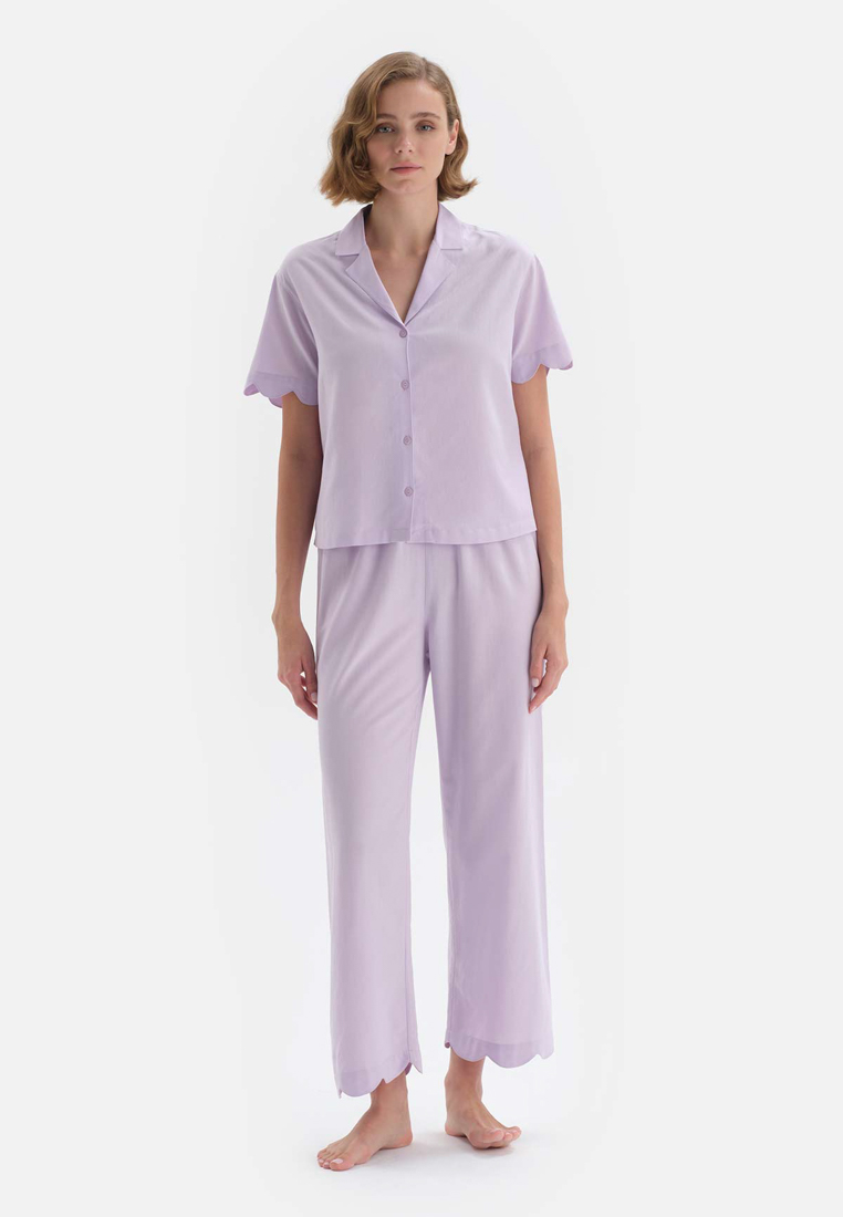 DAGİ Lilac Shirts & Pants, Shirt Collar, Regular, Long Leg, Short Sleeve Sleepwear for Women