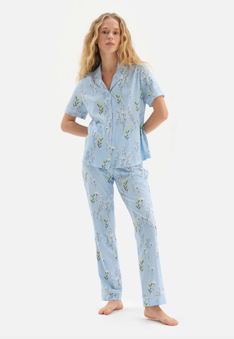 DAGİ Light Blue Shirts & Pants, Floral Printed, Shirt Collar, Regular, Long Leg, Short Sleeve Sleepwear for Women
