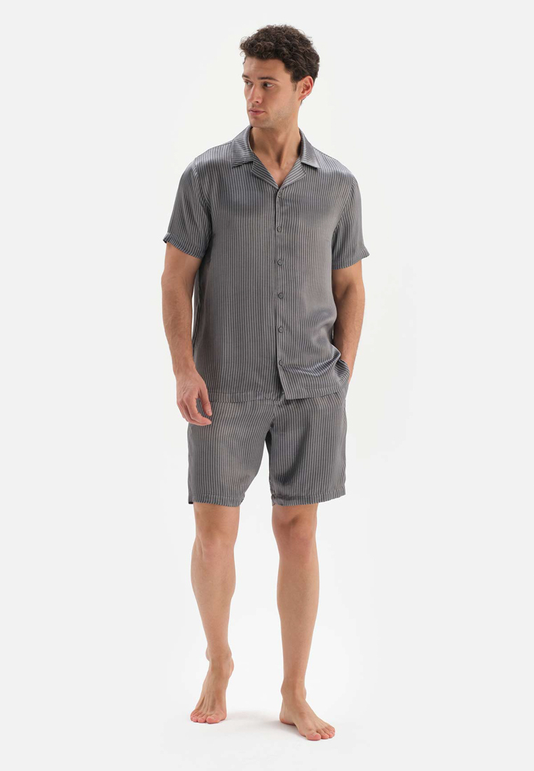 DAGİ Grey Shirt & Shorts, Jaquared, Shirt Collar, Regular, Short Leg, Short Sleeve Sleepwear for Men