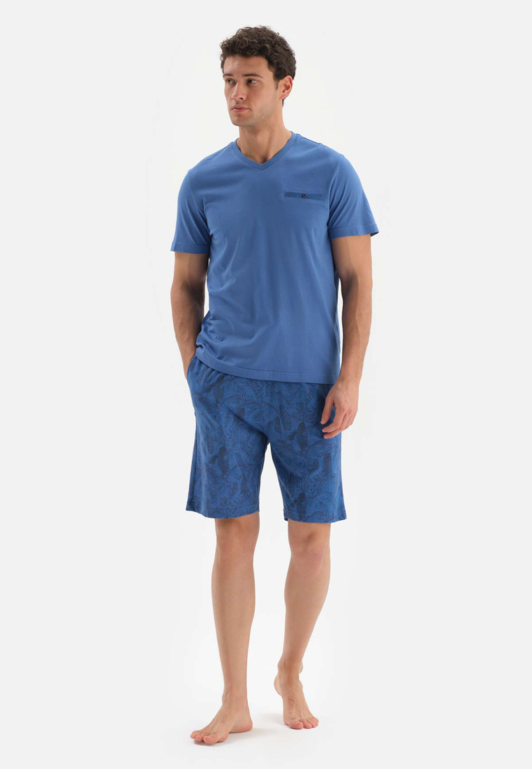 DAGİ Blue Tshirt & Shorts, V-Neck, Regular, Short Leg, Short Sleeve Sleepwear for Men